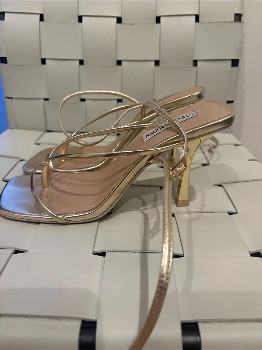 Steve Madden Metallic Gold Strappy Square-Toe Heeled Sandals